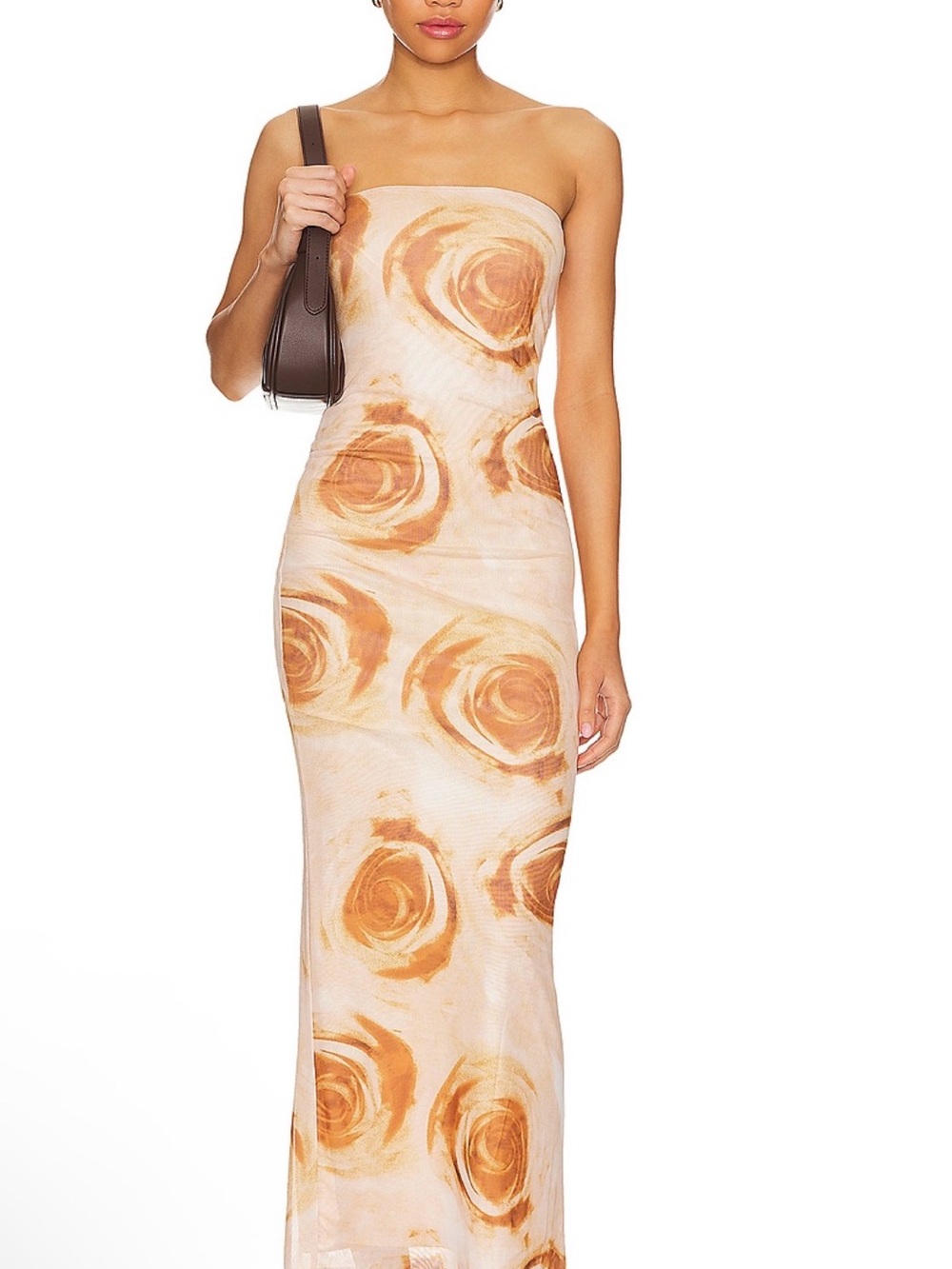 Strapless Cream Maxi Dress with Warm Tan Rose Motif